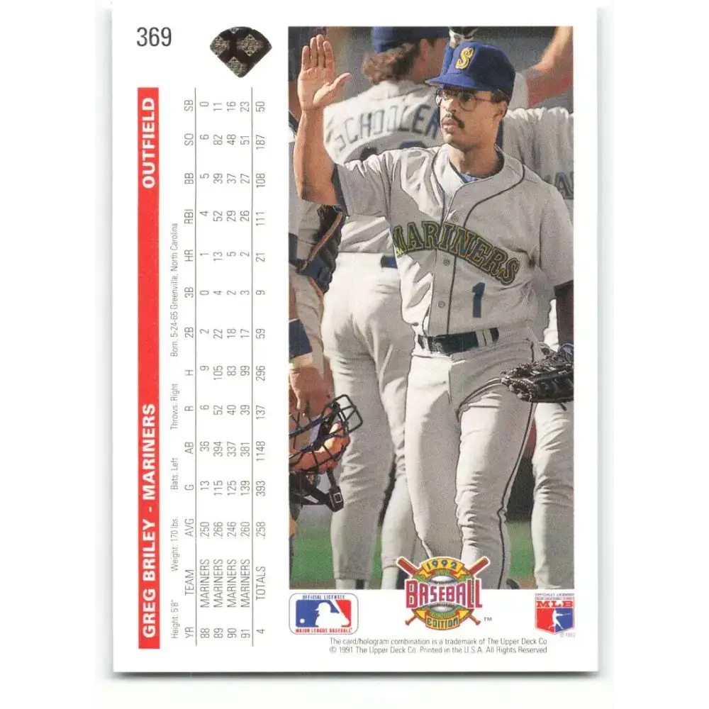 1992 Upper Deck #369 Greg Briley NM-MT Seattle Mariners Baseball Card - Baseball Card Single