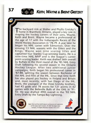 Hockey card back from 1992 Upper Deck featuring Brent Gretzky and original gloss