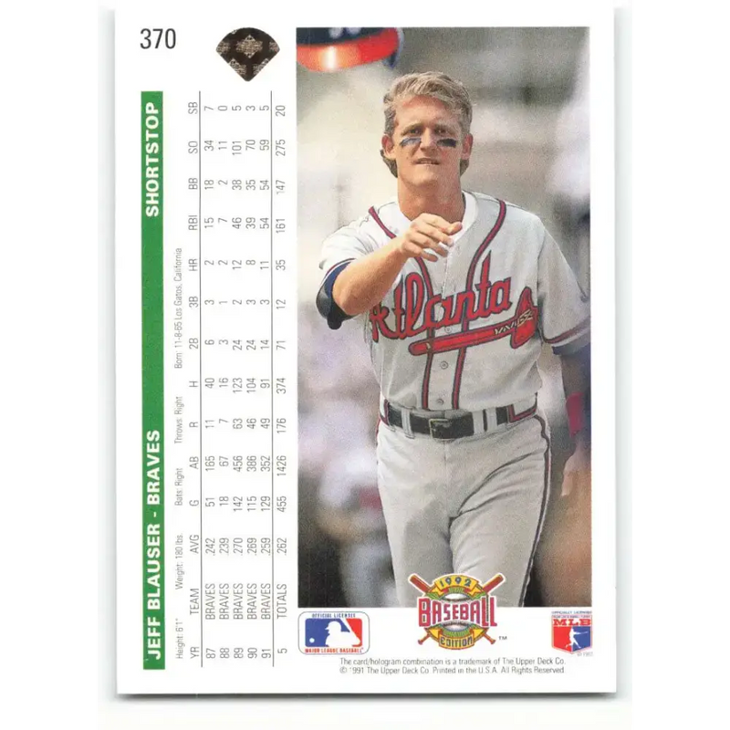 1992 Upper Deck #370 Jeff Blauser NM-MT Atlanta Braves Baseball Card - Baseball Card Single