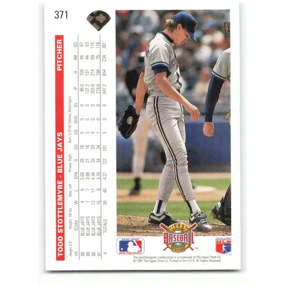 1992 Upper Deck #371 Todd Stottlemyre NM-MT Toronto Blue Jays Baseball Card - Baseball Card Single