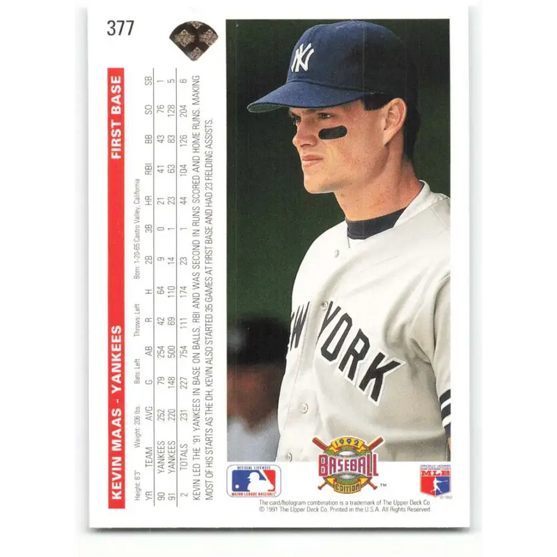 1992 Upper Deck #377 Kevin Maas NM-MT New York Yankees Baseball Card - Baseball Card Single