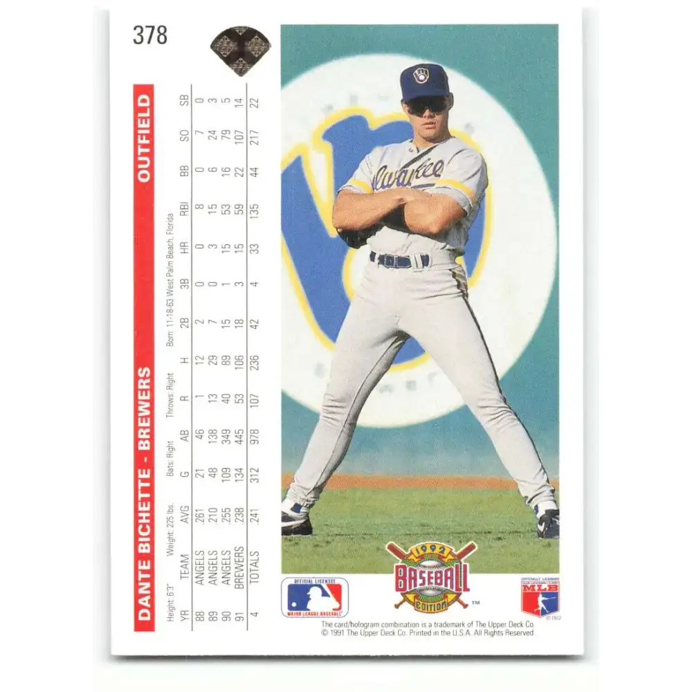 1992 Upper Deck #378 Dante Bichette NM-MT Milwaukee Brewers Baseball Card - Baseball Card Single