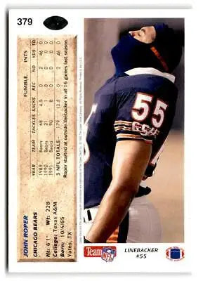 Back of 1992 Upper Deck #379 John Roper trading card showcasing player statistics