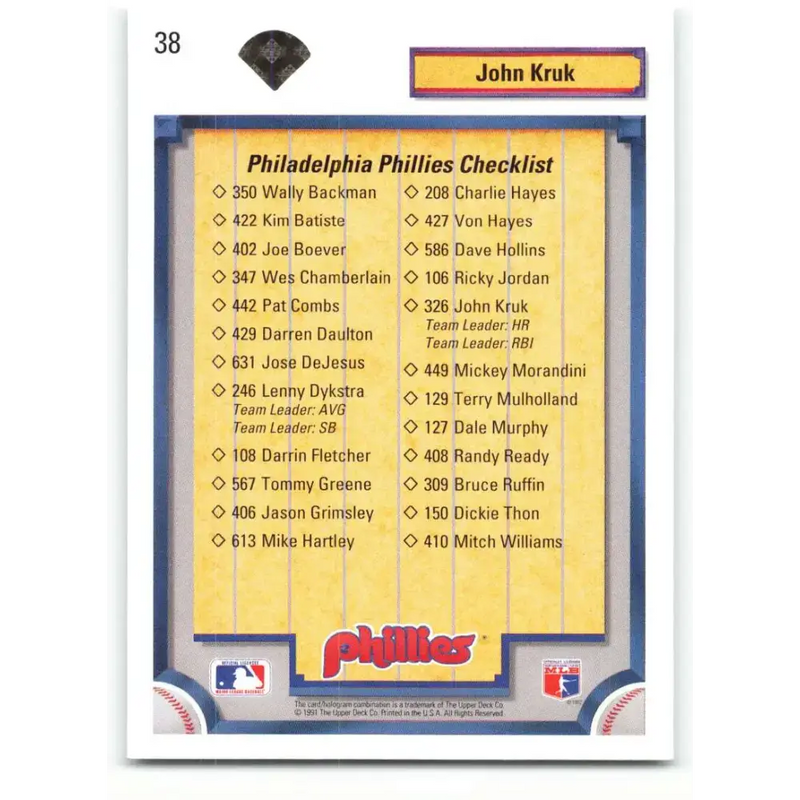 1992 Upper Deck #38 John Kruk TC NM-MT Philadelphia Phillies Baseball Card - Baseball Card Single