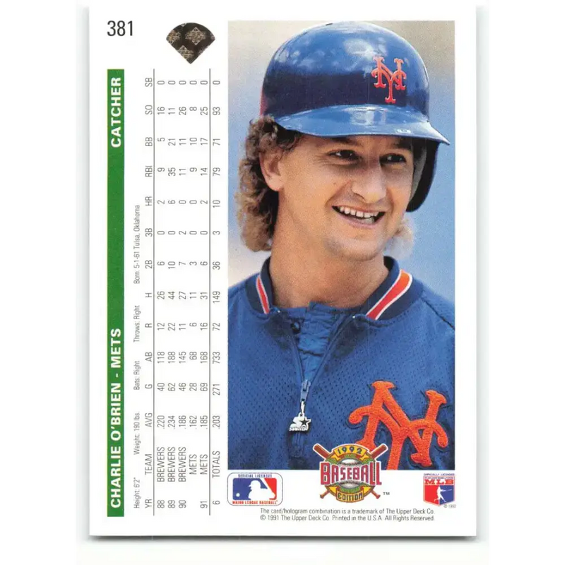 1992 Upper Deck #381 Charlie O’Brien NM-MT New York Mets Baseball Card - Baseball Card Single