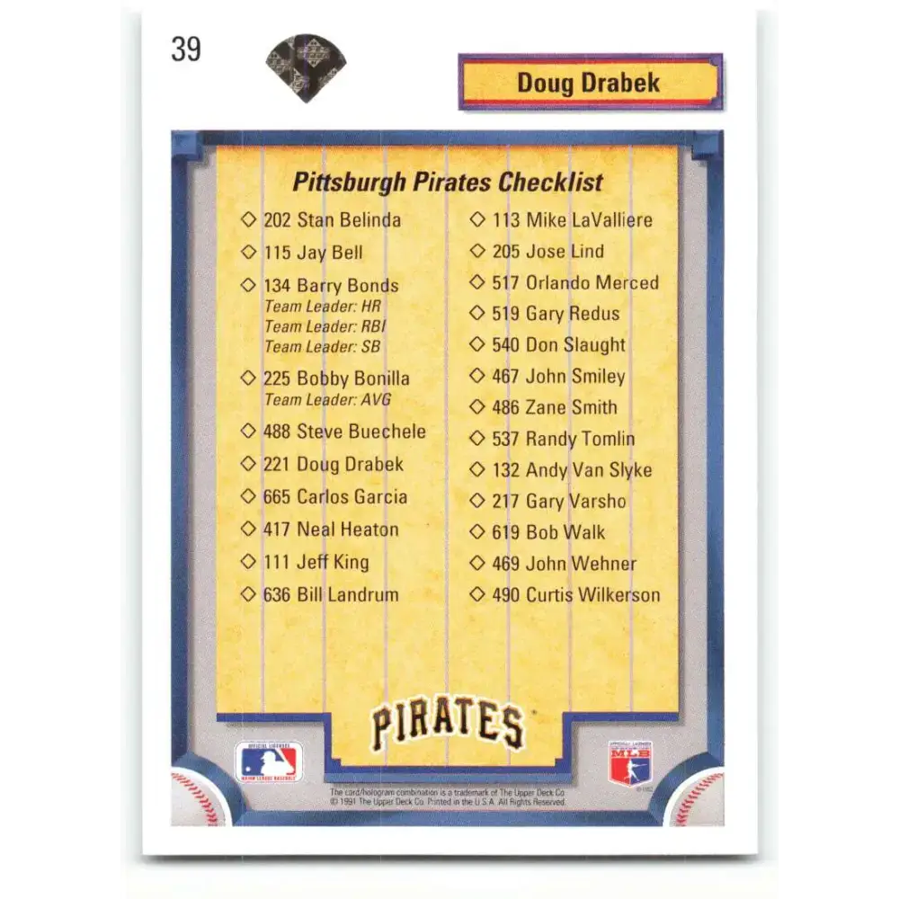 1992 Upper Deck #39 Doug Drabek TC NM-MT Pittsburgh Pirates Baseball Card - Baseball Card Single