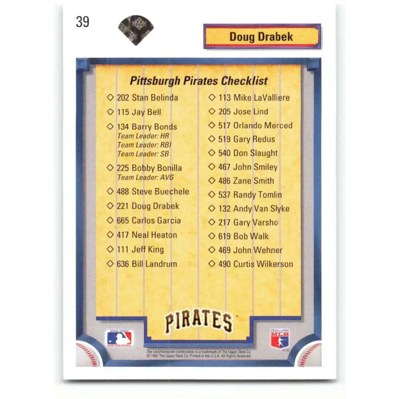 1992 Upper Deck #39 Doug Drabek TC NM-MT Pittsburgh Pirates Baseball Card - Baseball Card Single