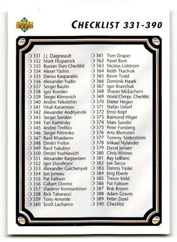 Hockey card checklist from 331-390 with original gloss for 1992 Upper Deck Simply Sandoval