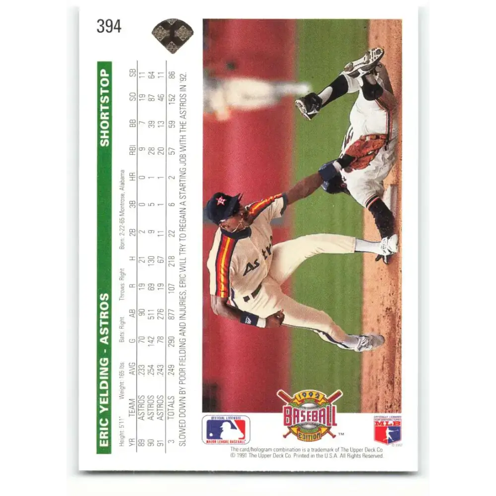 1992 Upper Deck #394 Eric Yelding NM-MT Houston Astros Baseball Card - Baseball Card Single