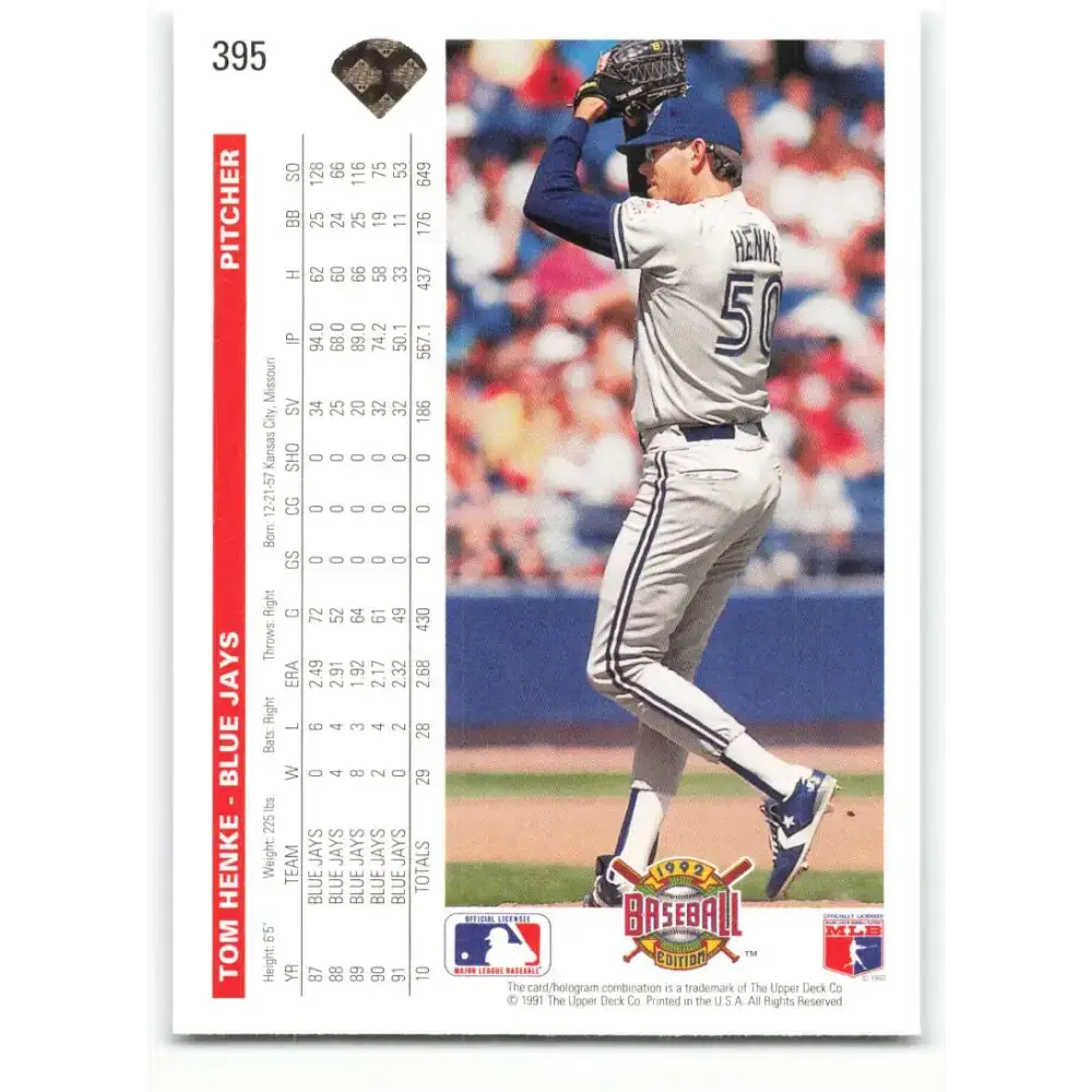 1992 Upper Deck #395 Tom Henke NM-MT Toronto Blue Jays Baseball Card - Baseball Card Single