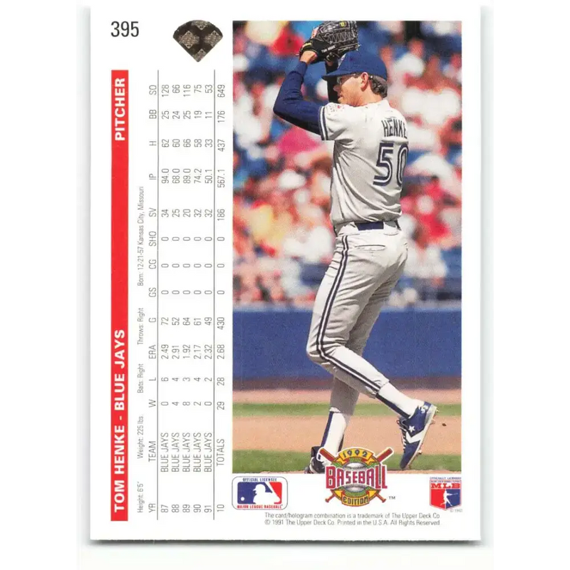 1992 Upper Deck #395 Tom Henke NM-MT Toronto Blue Jays Baseball Card - Baseball Card Single