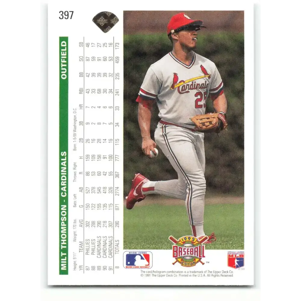 1992 Upper Deck #397 Milt Thompson NM-MT St. Louis Cardinals Baseball Card - Baseball Card Single