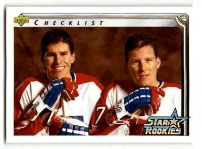 Hockey card featuring two players from the 1992 Upper Deck Star Rookie Checklist collection