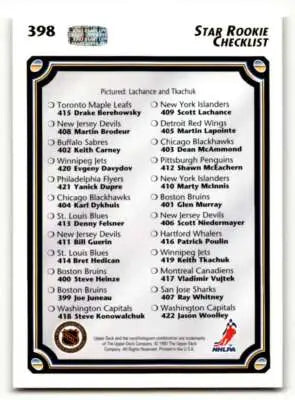 Hockey card checklist featuring 1992 Upper Deck Star Rookie Checklist card