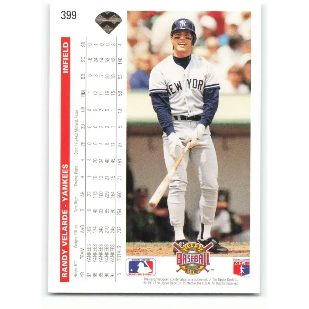 1992 Upper Deck #399 Randy Velarde NM-MT New York Yankees Baseball Card - Baseball Card Single