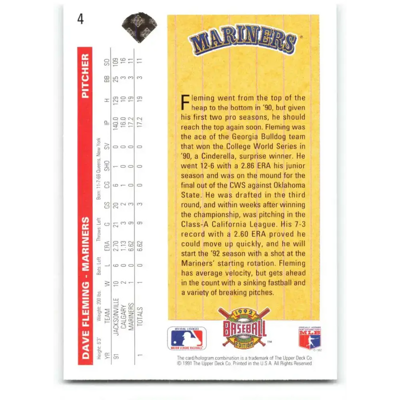 1992 Upper Deck #4 Dave Fleming NM-MT Seattle Mariners Baseball Card - Baseball Card Single