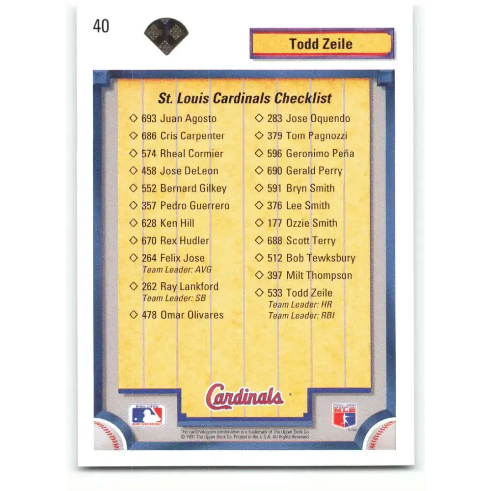 1992 Upper Deck #40 Todd Zeile TC NM-MT St. Louis Cardinals Baseball Card - Baseball Card Single