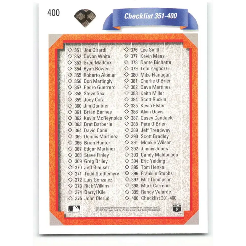 1992 Upper Deck #400 Checklist 301-400 NM-MT Checklist Baseball Card - Baseball Card Single