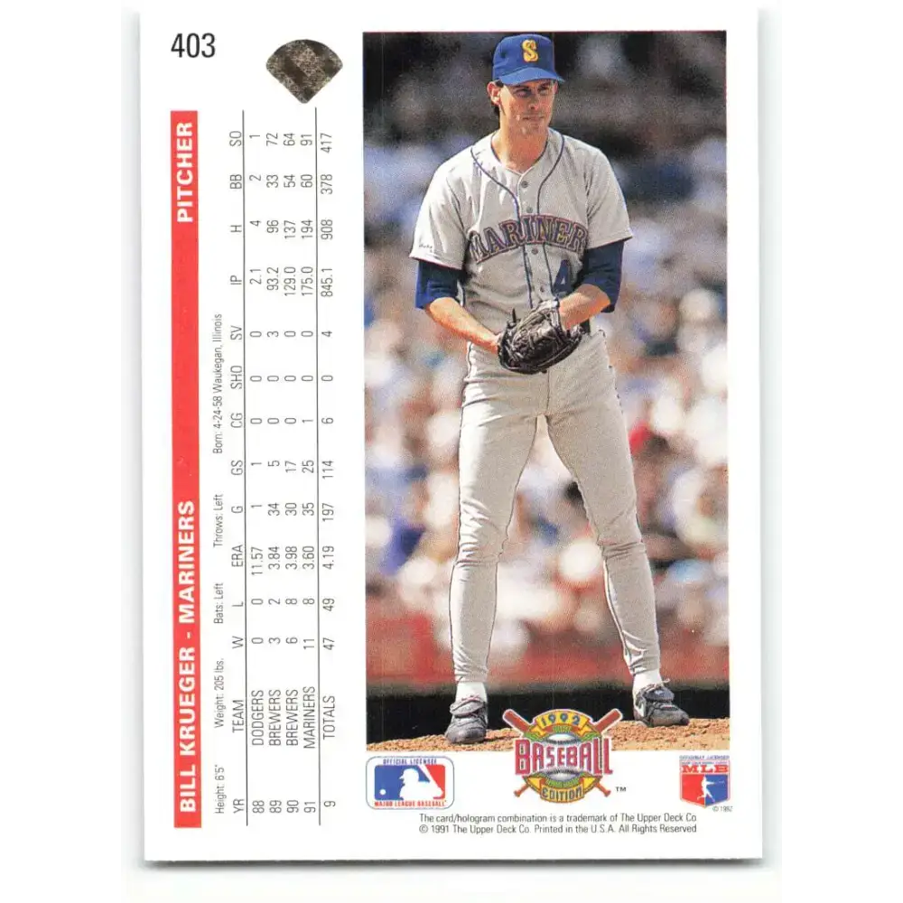 1992 Upper Deck #403 Bill Krueger NM-MT Seattle Mariners Baseball Card - Baseball Card Single