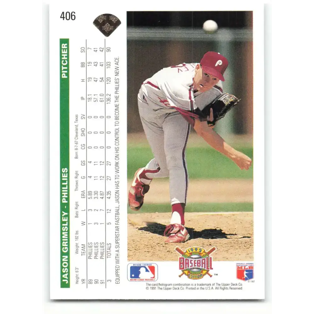 1992 Upper Deck #406 Jason Grimsley NM-MT Philadelphia Phillies Baseball Card - Baseball Card Single