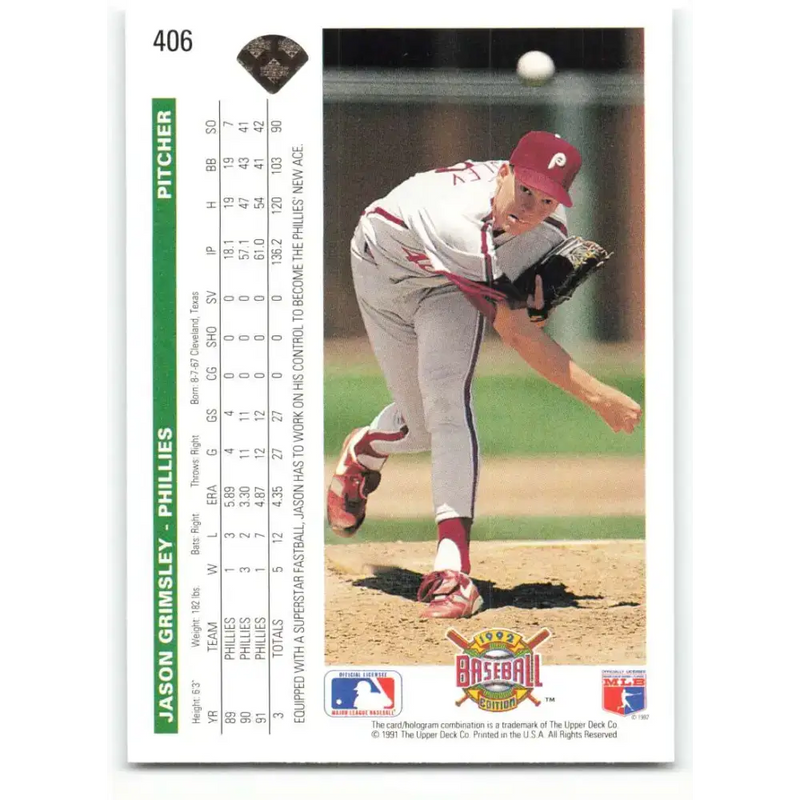 1992 Upper Deck #406 Jason Grimsley NM-MT Philadelphia Phillies Baseball Card - Baseball Card Single