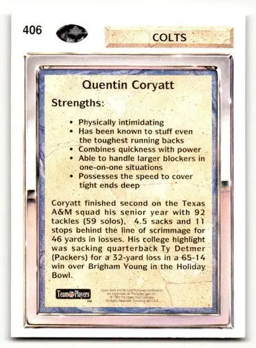 Vintage Quentin Coryatt Indianapolis Colts football trading card from 1992 Upper Deck