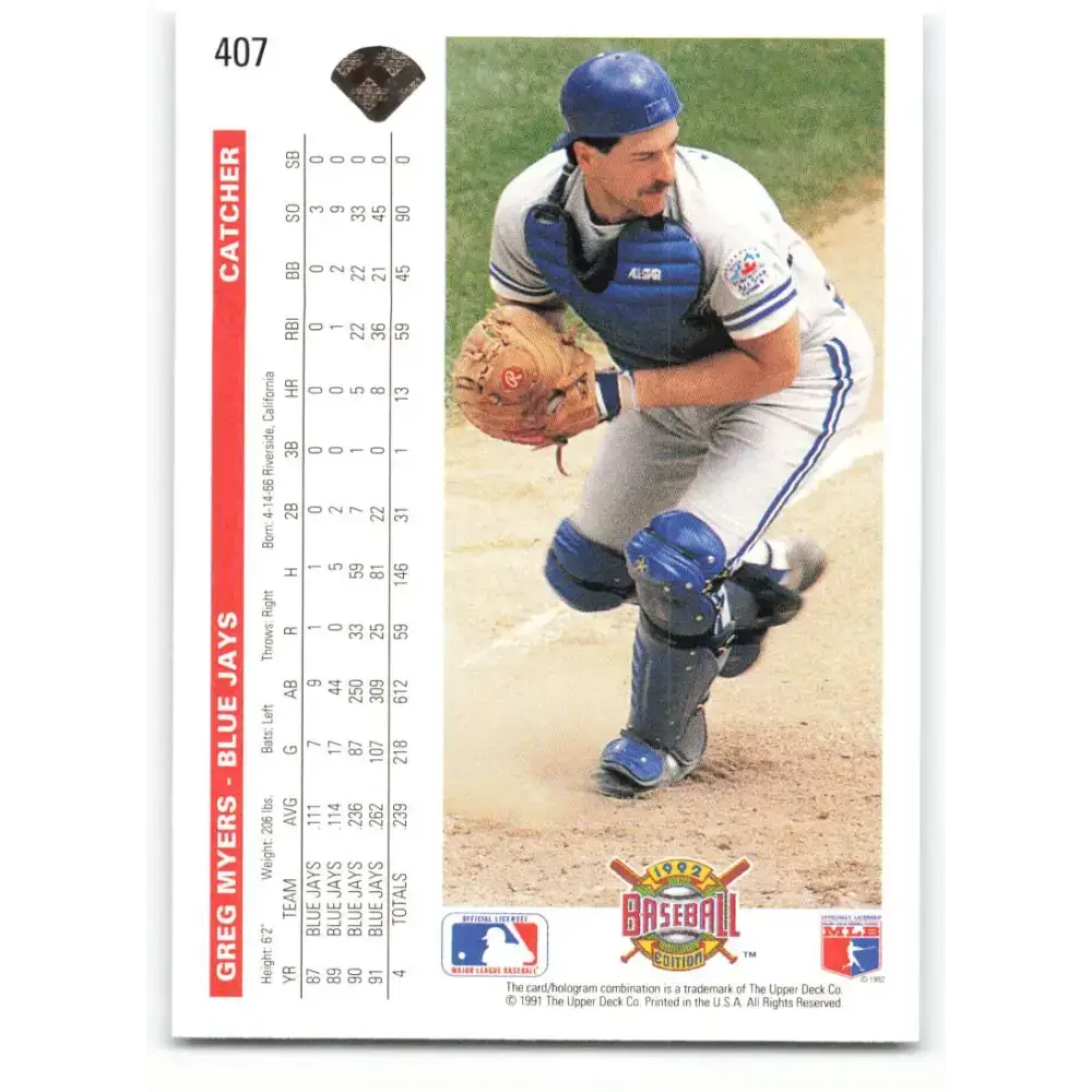 1992 Upper Deck #407 Greg Myers NM-MT Toronto Blue Jays Baseball Card - Baseball Card Single
