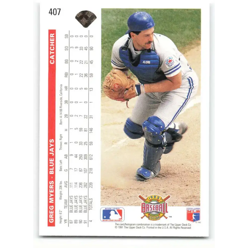 1992 Upper Deck #407 Greg Myers NM-MT Toronto Blue Jays Baseball Card - Baseball Card Single