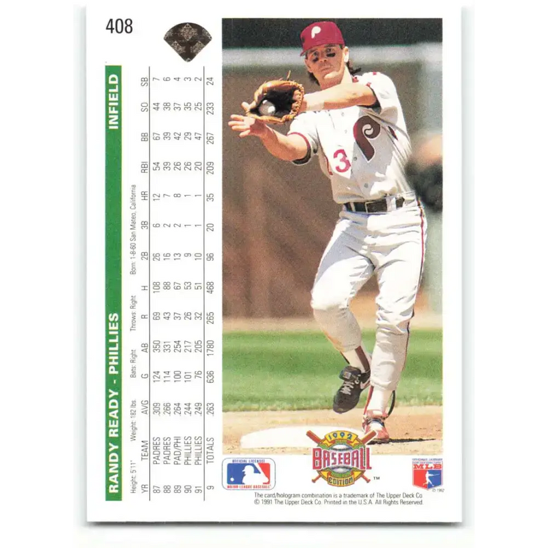 1992 Upper Deck #408 Randy Ready NM-MT Philadelphia Phillies Baseball Card - Baseball Card Single
