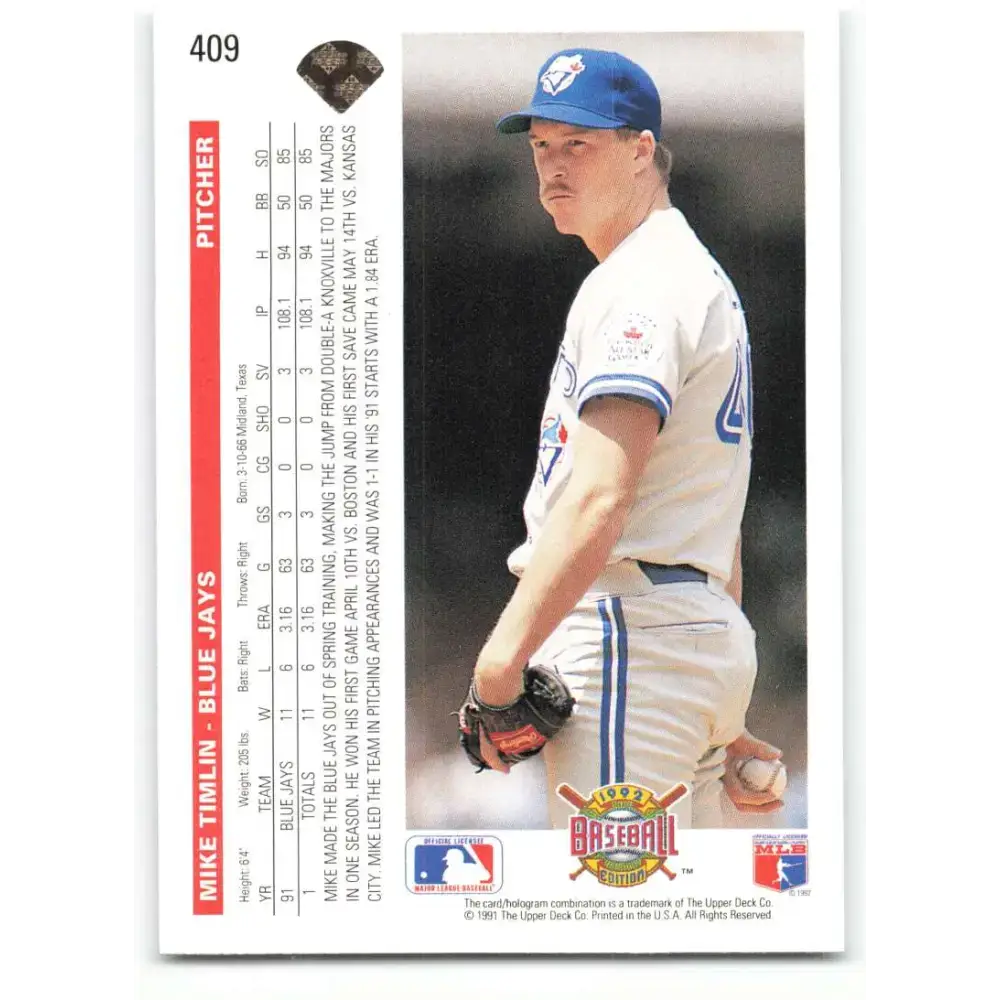 1992 Upper Deck #409 Mike Timlin NM-MT Toronto Blue Jays Baseball Card - Baseball Card Single
