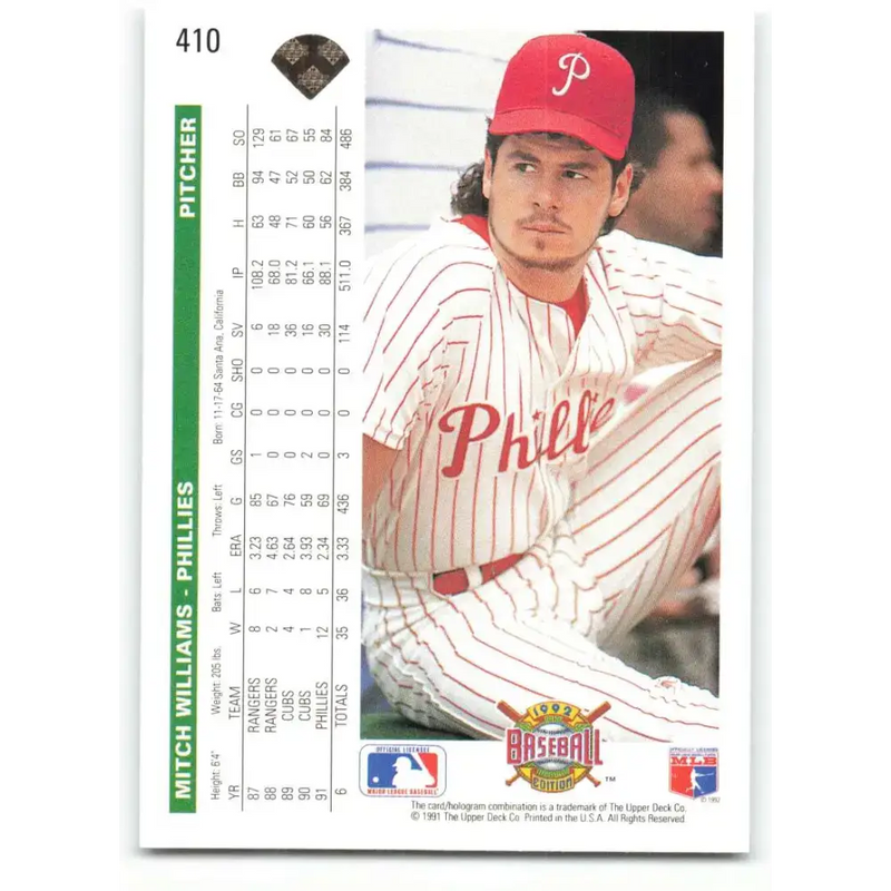 1992 Upper Deck #410 Mitch Williams NM-MT Philadelphia Phillies Baseball Card - Baseball Card Single