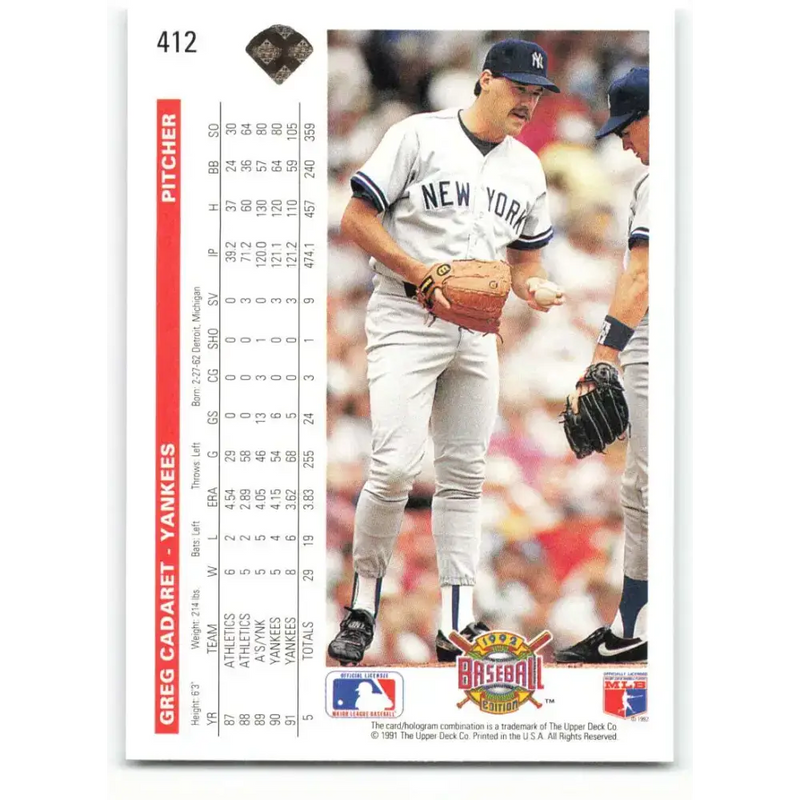 1992 Upper Deck #412 Greg Cadaret NM-MT New York Yankees Baseball Card - Baseball Card Single