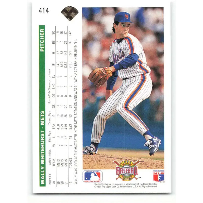 1992 Upper Deck #414 Wally Whitehurst NM-MT New York Mets Baseball Card - Baseball Card Single