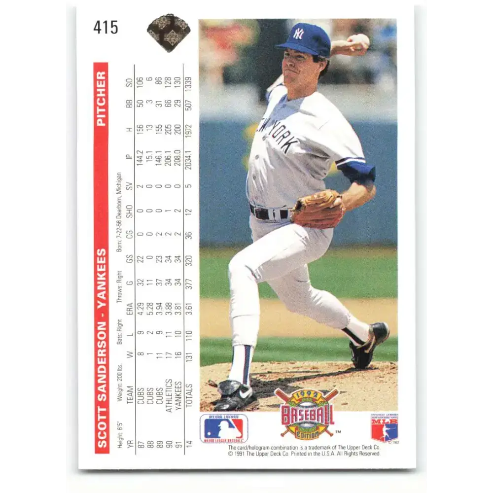 1992 Upper Deck #415 Scott Sanderson NM-MT New York Yankees Baseball Card - Baseball Card Single