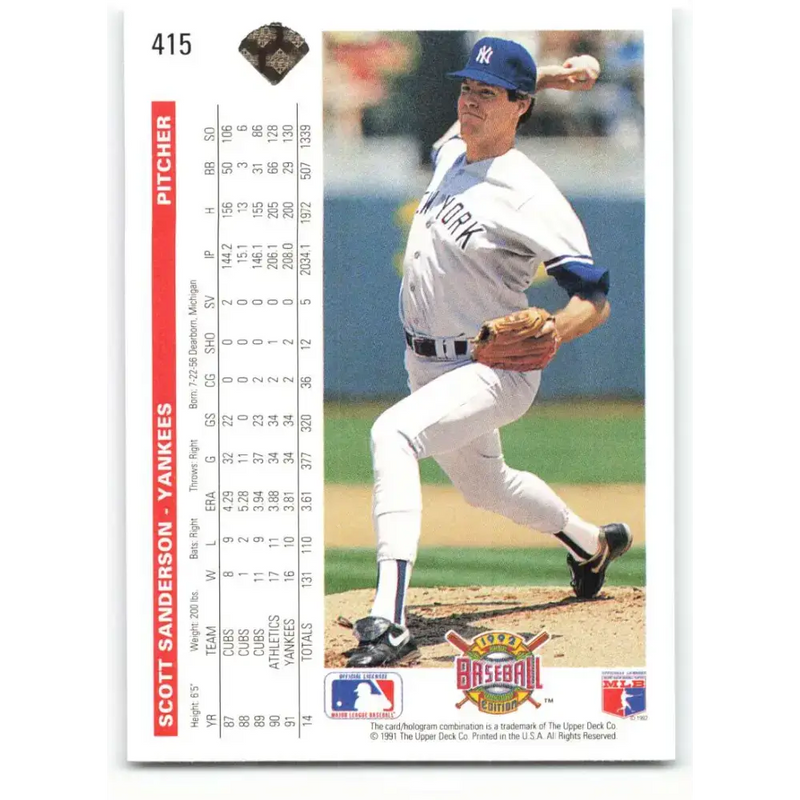 1992 Upper Deck #415 Scott Sanderson NM-MT New York Yankees Baseball Card - Baseball Card Single