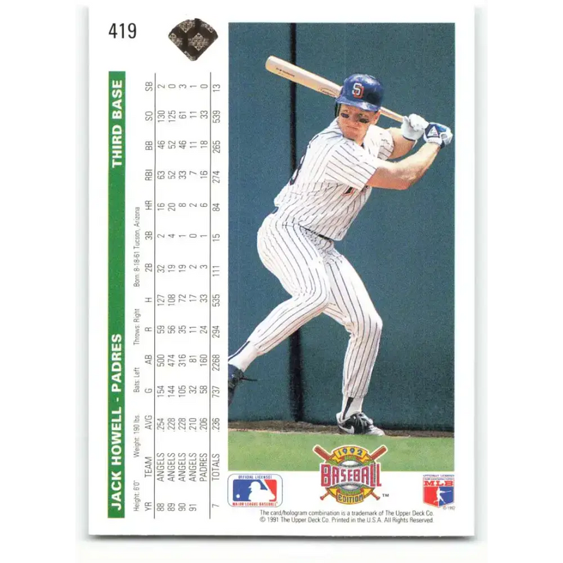 1992 Upper Deck #419 Jack Howell NM-MT San Diego Padres Baseball Card - Baseball Card Single
