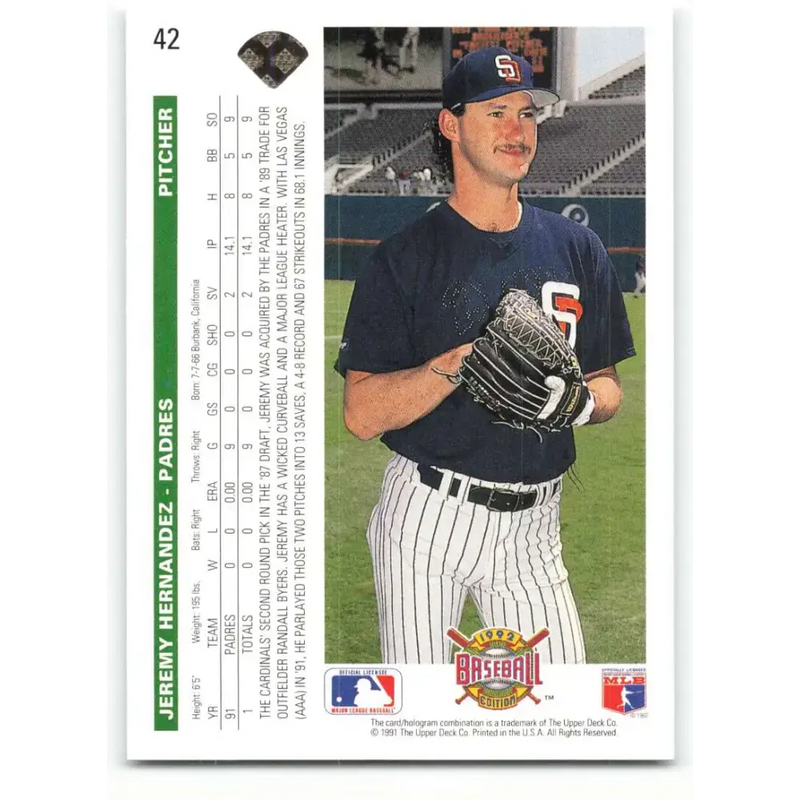 1992 Upper Deck #42 Jeremy Hernandez NM-MT RC Rookie San Diego Padres Baseball Card - Baseball Card Single