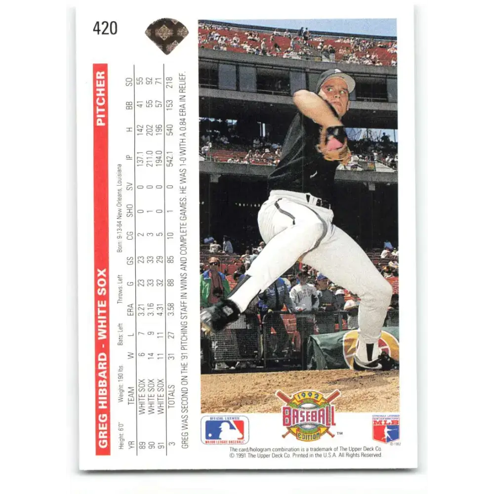 1992 Upper Deck #420 Greg Hibbard NM-MT Chicago White Sox Baseball Card - Baseball Card Single