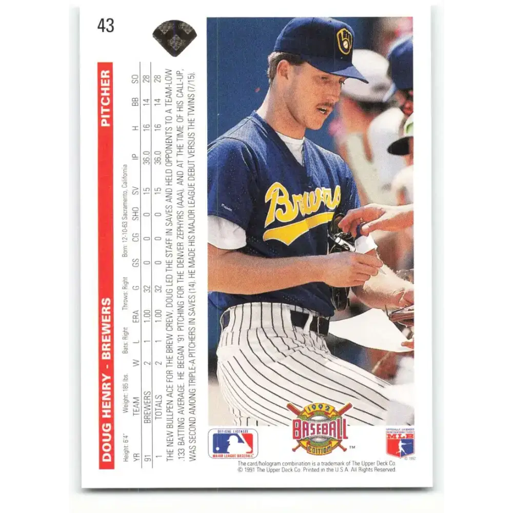 1992 Upper Deck #43 Doug Henry NM-MT RC Rookie Milwaukee Brewers Baseball Card - Baseball Card Single