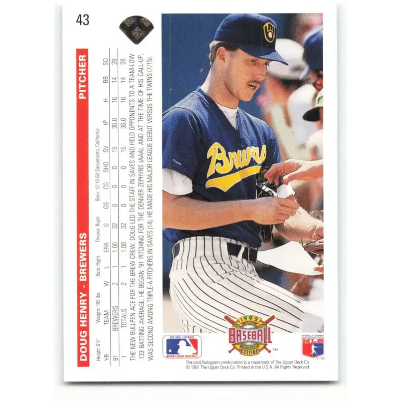 1992 Upper Deck #43 Doug Henry NM-MT RC Rookie Milwaukee Brewers Baseball Card - Baseball Card Single