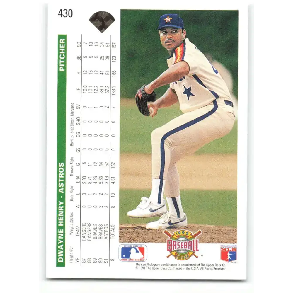 1992 Upper Deck #430 Dwayne Henry NM-MT Houston Astros Baseball Card - Baseball Card Single