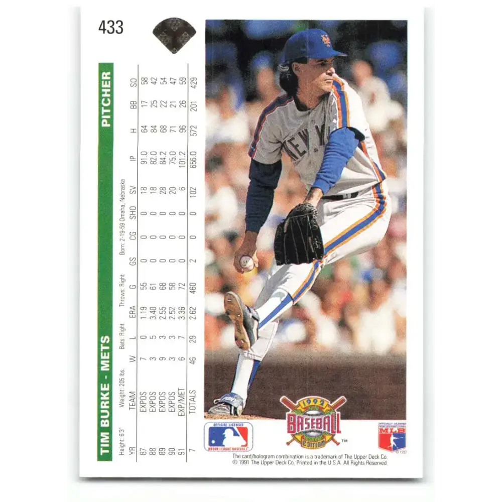 1992 Upper Deck #433 Tim Burke NM-MT New York Mets Baseball Card - Baseball Card Single