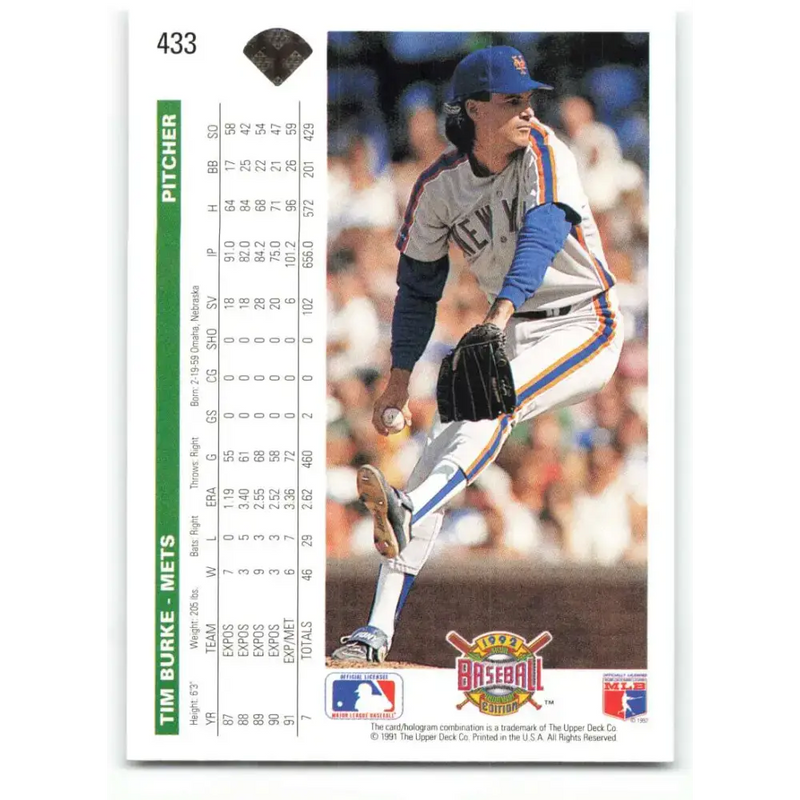 1992 Upper Deck #433 Tim Burke NM-MT New York Mets Baseball Card - Baseball Card Single