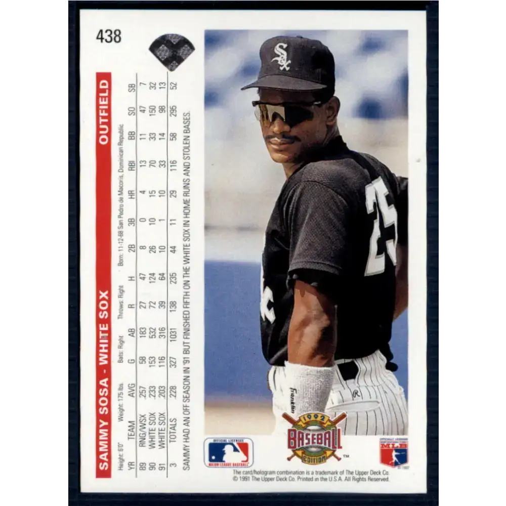 1992 Upper Deck #438 Sammy Sosa NM-MT Chicago White Sox Baseball Card - Baseball Card Single