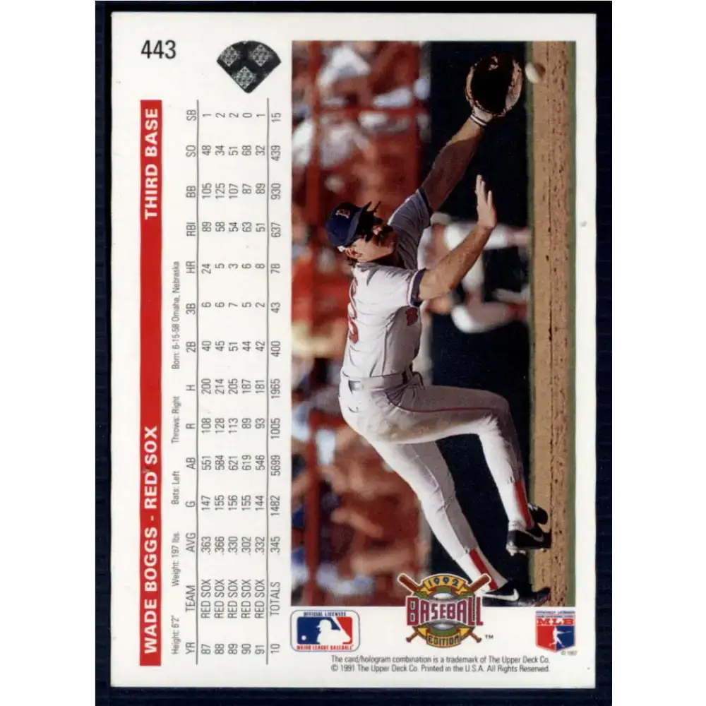 1992 Upper Deck #443 Wade Boggs NM-MT Boston Red Sox Baseball Card - Baseball Card Single
