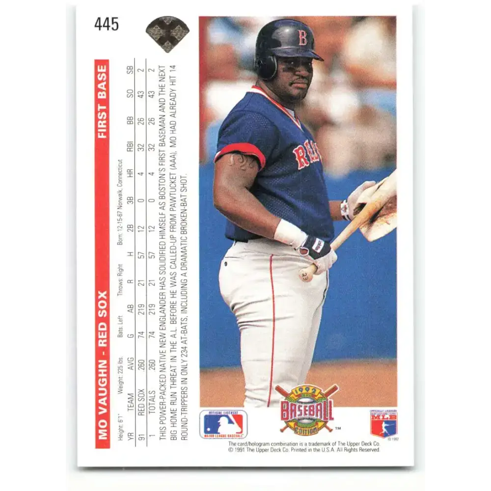 1992 Upper Deck #445 Mo Vaughn NM-MT Boston Red Sox Baseball Card - Baseball Card Single