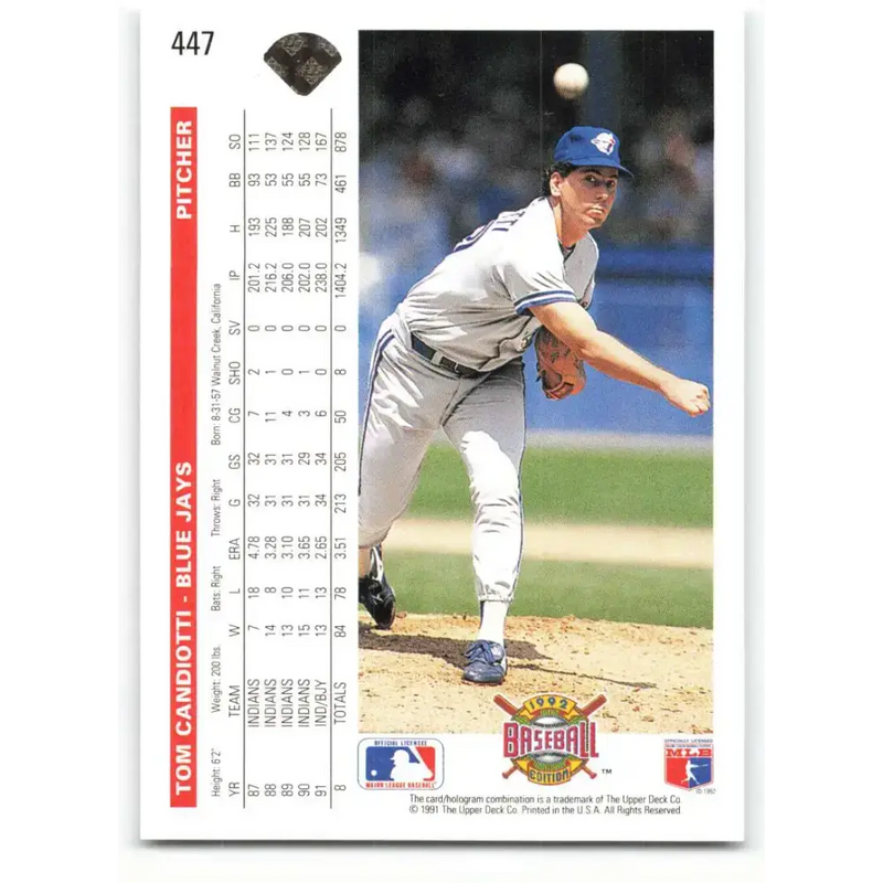 1992 Upper Deck #447 Tom Candiotti NM-MT Toronto Blue Jays Baseball Card - Baseball Card Single