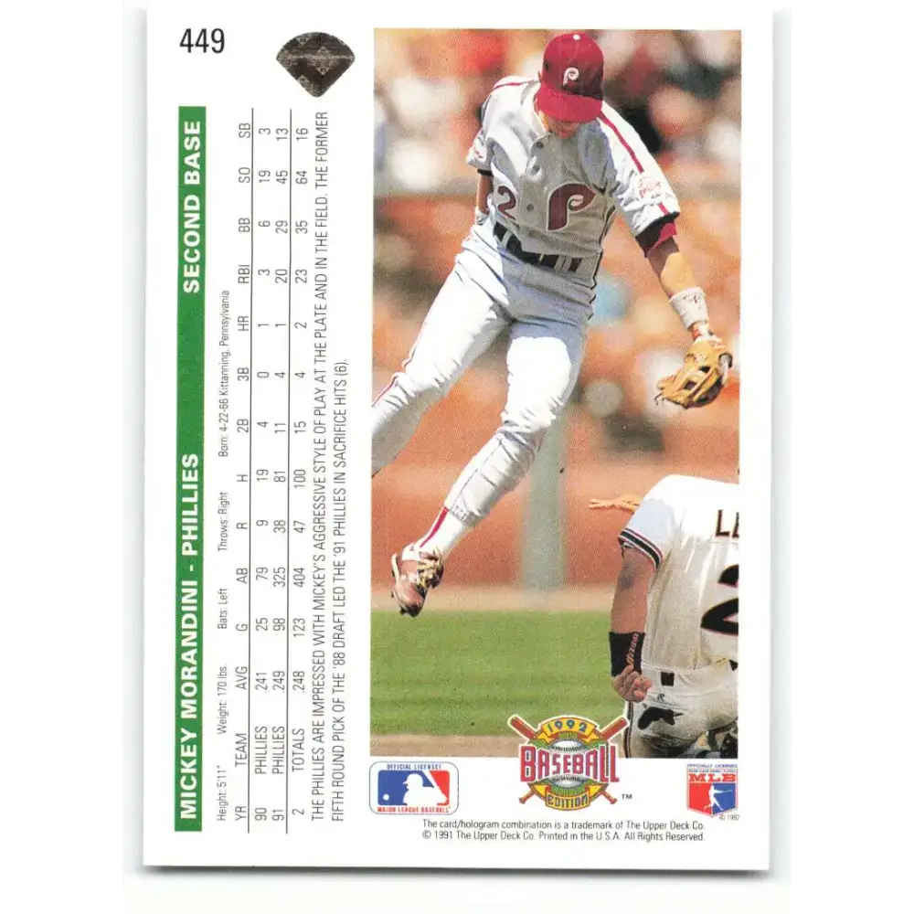 1992 Upper Deck #449 Mickey Morandini NM-MT Philadelphia Phillies Baseball Card - Baseball Card Single