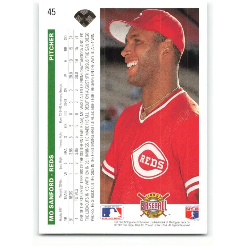 1992 Upper Deck #45 Mo Sanford NM-MT Cincinnati Reds Baseball Card - Baseball Card Single