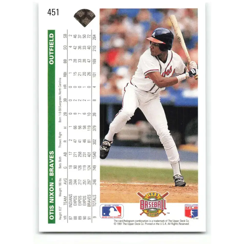 1992 Upper Deck #451 Otis Nixon NM-MT Atlanta Braves Baseball Card - Baseball Card Single